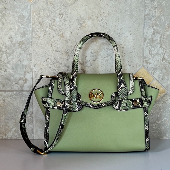 Michael Kors Carmen Medium Flap Satchel Shoulder Bag Light Sage Multi - Picture 2 of 12
